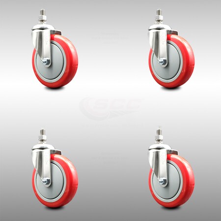 Service Caster 5 Inch 316SS Red Polyurethane Wheel Swivel 10mm Threaded Stem Caster Set SCC-SS316TS20S514-PPUB-RED-M1015-4